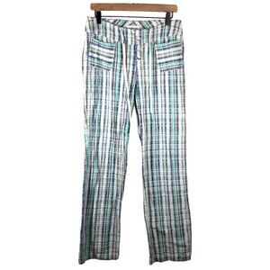 Sundance Gigi Green Blue Plaid Textured Wide Straight Pants Cotton Gauze Small